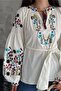 Women's White Belted Embroidered Cotton Blouse
