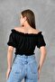 Black Crepe Fabric Off-The-Shoulder Short Sleeve Crop Blouse with Drawstring and Lacing Detail 5027 - 3