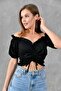 Black Crepe Fabric Off-The-Shoulder Short Sleeve Crop Blouse with Drawstring and Lacing Detail 5027 - 6