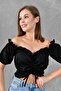 Black Crepe Fabric Off-The-Shoulder Short Sleeve Crop Blouse with Drawstring and Lacing Detail 5027 - 7