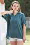 Petrol Green Shirt Collar Short Sleeve Long Woven Back Casual Blouse