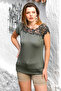 Dark Khaki Lace Collar Dropped Sleeve Knit Casual Blouse - 5