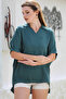Petrol Green Shirt Collar Short Sleeve Long Woven Back Casual Blouse - 7