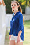Dark Blue Judge Collar Buttoned Long Sleeve Pocketed Long Back Woven Casual Shirt - 5