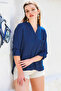 Dark Blue Judge Collar Buttoned Long Sleeve Pocketed Long Back Woven Casual Shirt - 2