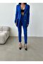Cobalt Blue Buttoned Blazer Jacket Stretchy Pants Women's Suit - 3