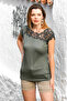 Dark Khaki Lace Collar Dropped Sleeve Knit Casual Blouse - 3