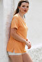 Apricot-colored v-neck short-sleeved knit casual t-shirt with knit . - 2