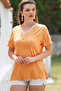 Apricot-colored v-neck short-sleeved knit casual t-shirt with knit . - 5