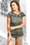 Dark Khaki Lace Collar Dropped Sleeve Knit Casual Blouse - 2