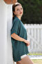 Petrol Green Shirt Collar Short Sleeve Long Woven Back Casual Blouse - 3