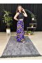 Women's Purple Flower Patterned Ruched Lycra Woven Pants Skirt - 2
