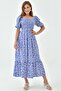 Daisy Pattern Cotton Viscose Fabric Elastic Gimp Short Sleeve Midi Length Blue Dress 039 - 7