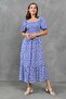 Daisy Patterned Cotton Viscose Fabric Gipeli Short Sleeve Midi Length Blue Casual Dress 039 - 7