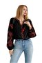 Women's Black Ethnic Red Embroidery Embroidered Cotton Tassel Detailed Blouse - 2