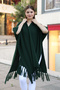 V-Neck Short Sleeve Skirt with Tassels Solid Color Side Stitching Midi Length Knitwear Shawl Look Poncho - 3