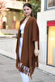 V-Neck Short Sleeve Skirt with Tassels Solid Color Side Stitching Midi Length Knitwear Shawl Look Poncho - 7