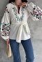 Women's White Belted Embroidered Cotton Blouse - 3