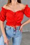 Red Crepe Fabric Off-The-Shoulder Short Sleeve Crop Blouse with Drawstring and Lace Detail 5027 - 3