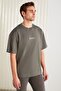 Vıto Men's 100% Organic Cotton Embroidered Text Detail Oversized Loose Fit Short Sleeve Gray T-shirt