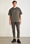 Vıto Men's 100% Organic Cotton Embroidered Text Detail Oversized Loose Fit Short Sleeve Gray T-shirt - 4