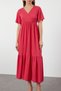Fuchsia Plain Maxi Skirt with Ruffles and Textured Short Sleeves Stretchy Knitted Maxi Dress Knitted Dress - 4