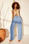 Blue 100% Linen Elastic Waist High Waist Wide Leg Trousers Twoss24Je00249