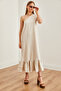 Women's Stone One Shoulder Ruffled Loose Linen Dress Elb- 19002197 - 5