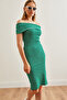 Women's Striped Emerald Green Madonna Collar Mini Stretchy Dress Elb- 19002192 - 5