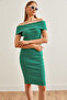 Women's Striped Emerald Green Madonna Collar Mini Stretchy Dress Elb- 19002192 - 4