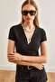 Black V Detailed Ottoman Crop Blouse - BLZ-19002678 - 2
