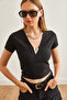 Black V Detailed Ottoman Crop Blouse - BLZ-19002678 - 4