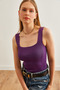 Women's Purple Square Collar Ribbed Skirt Detailed Crop Knitwear Blouse Blz- 19001872