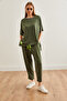 Women's Khaki Asymmetrical Blouse Soft Textured Bottom Top Crystal Set Tkm-19000269 - 4
