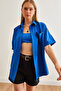 Women's Cobalt Blue Single Pocket Striped Flowy Shirt Gml- 19001223