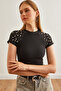 Women's Black Pearl-Embellished Thin Ribbed Crop Ottoman Blouse Blz-19002684 - 3