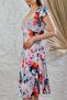 Women's Cross Collar Digital Printed Midi Dress - Rose Drop Pattern - 3