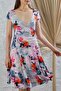 Women's Cross Collar Digital Printed Midi Dress - Rose Drop Pattern - 4