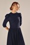 Knitted Wool Viscose Balloon Sleeve Gathered Dress Navy Blue - 6