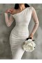 New Season One Shoulder Polka Dot Patterned Gilded Tulle Dress - 6