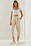 Women's Beige Button Detailed Linen Textured Trousers 60251262