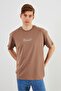 Leo Men's Oversize T-Shirt 100% Cotton Crew Neck Print Detailed Basic Beige T-Shirt - 2