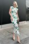 Green Padded Crew Neck Slit Lined Floral Patterned Midi Length Tulle Dress 3403 - 3