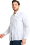 Men's White Blue Pocketless Linen Effect Striped Wide Cut Long Sleeve Shirt - 3