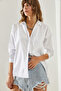 Women's White Fit Cut Basic Shirt with Folded Sleeves Detail 60251348 - 5