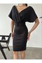 Women's Belted Half Sleeve Skuba Fabric Double Breasted Collar Evening Dress Night Graduation Dress Black