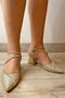 Women's Ribbed Mid Heeled Stoned Shiny Gold Ballerina Evening Dress Shoes - 4