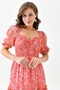 Women's Floral Patterned Fabric Gipeli Degaje Collar Princess Sleeve Layered Design Midi Pink Evening Dress 3230 - 5
