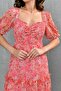 Lined Pink Floral Patterned Fabric Gipeli Degaje Collar Princess Sleeve Layered Design Midi Dress 3230 - 2