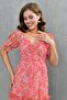 Lined Pink Floral Patterned Fabric Gipeli Degaje Collar Princess Sleeve Layered Design Midi Dress 3230 - 6
